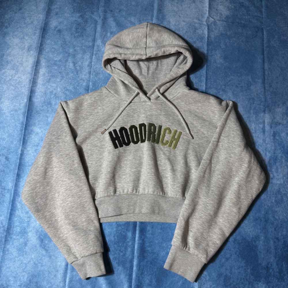 Streetwear Hoodrich Cropped Hoodie Women M Gray Chenille Logo Crop Sweatshirt